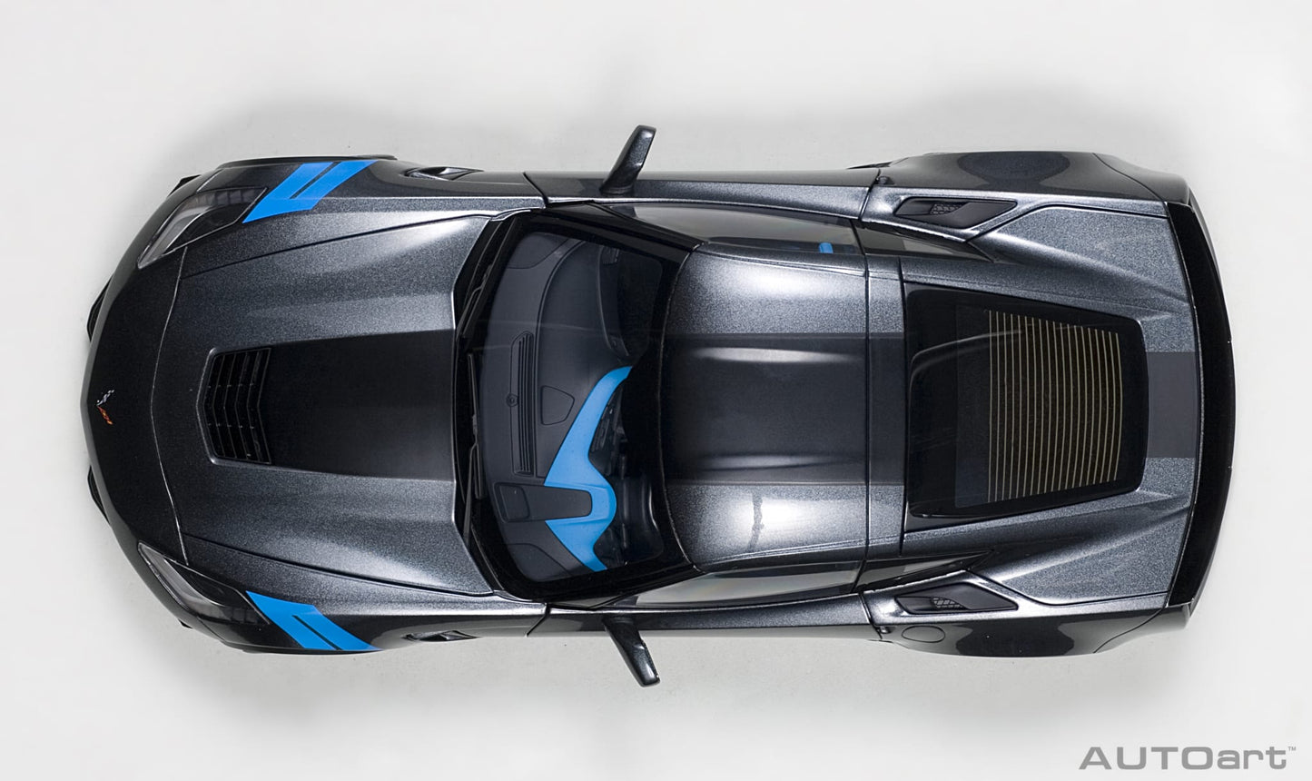 1:18 Chevrolet Corvette Grand Sport - Watkins Glen Grey Metallic /Black Stripes /Blue Fender Hash Marks - AUTOart - 71272