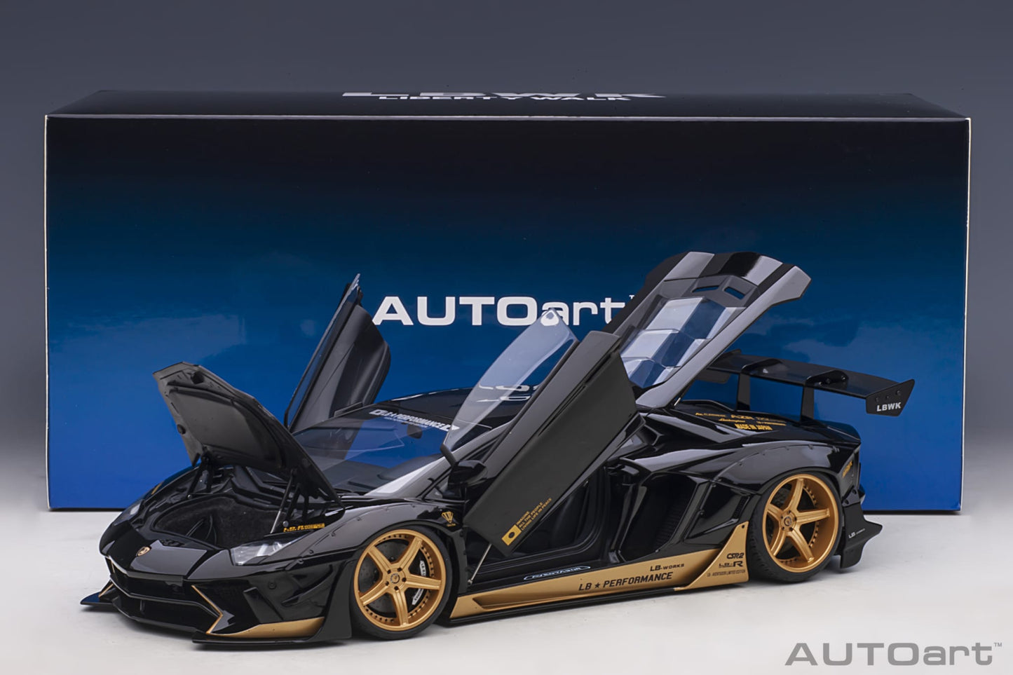 1:18 Lamborghini Aventador - Liberty Walk LB-Works Limited Edition - Gloss Black /Gold Accents - AUTOart - 79184