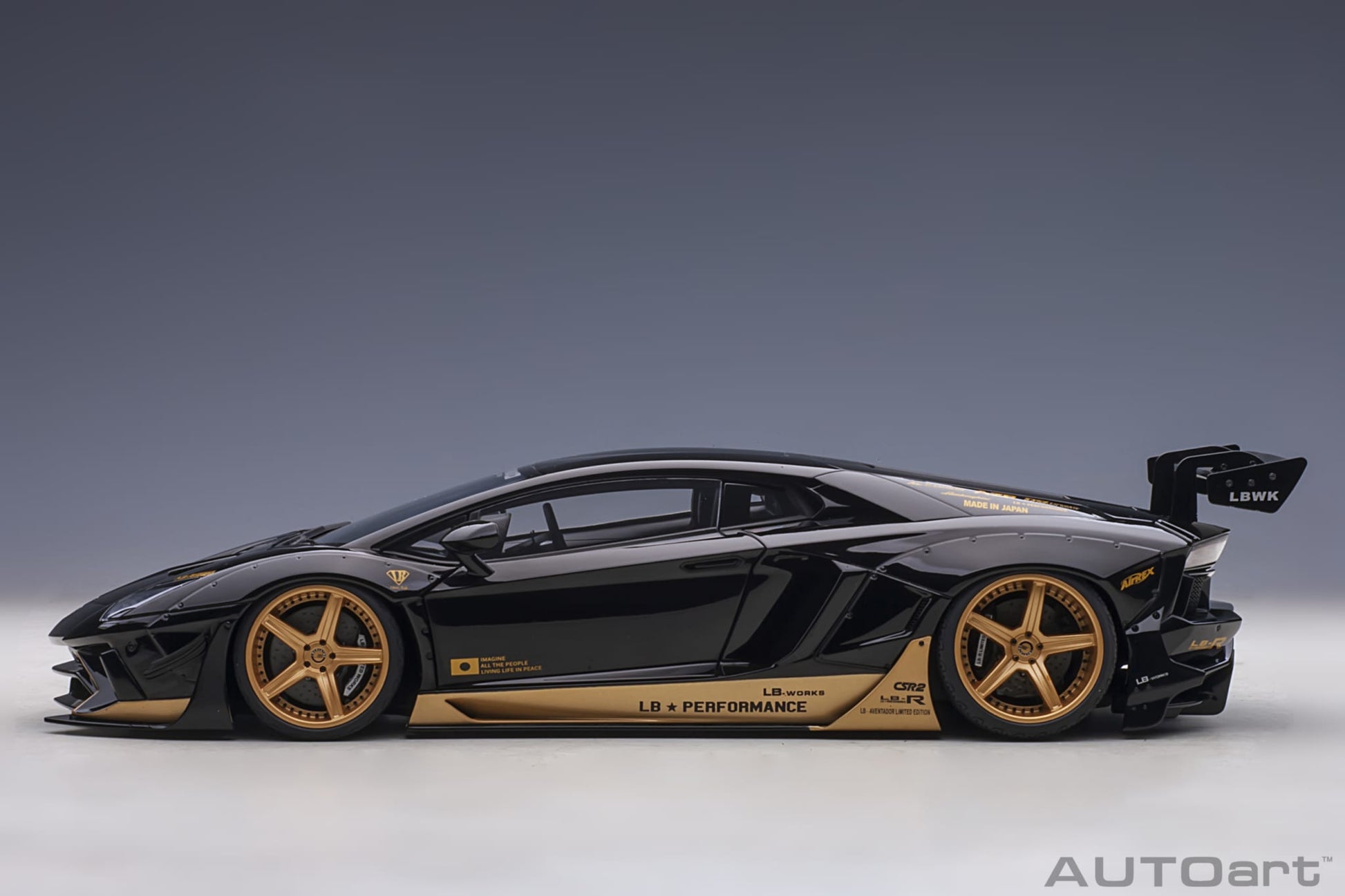 1:18 Lamborghini Aventador - Liberty Walk LB-Works Limited Edition - Gloss Black /Gold Accents - AUTOart - 79184